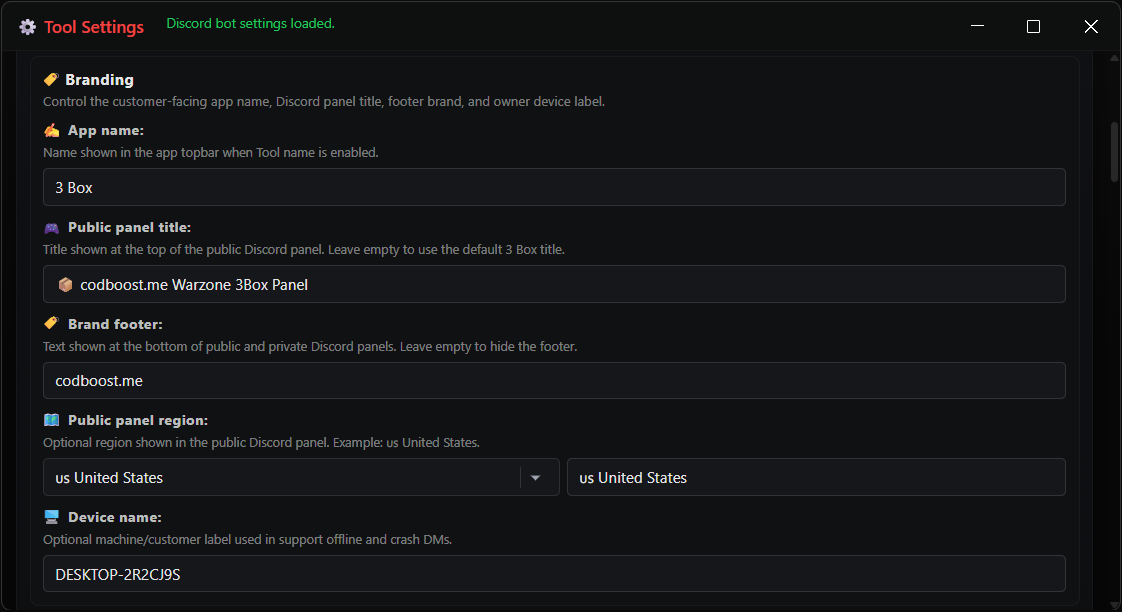 3 Box branding settings panel